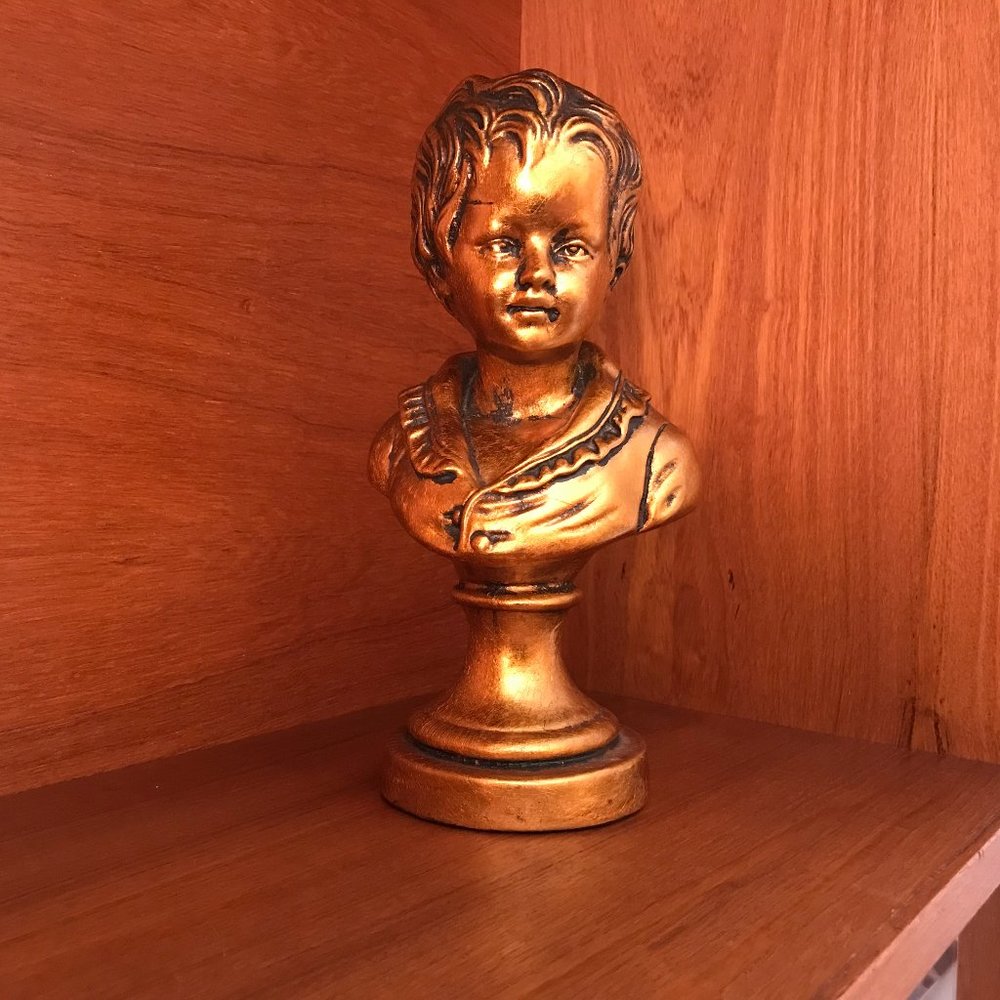 Mid Century Hand Painted 1960s Devonware Gold Chalkware Bust, Boy